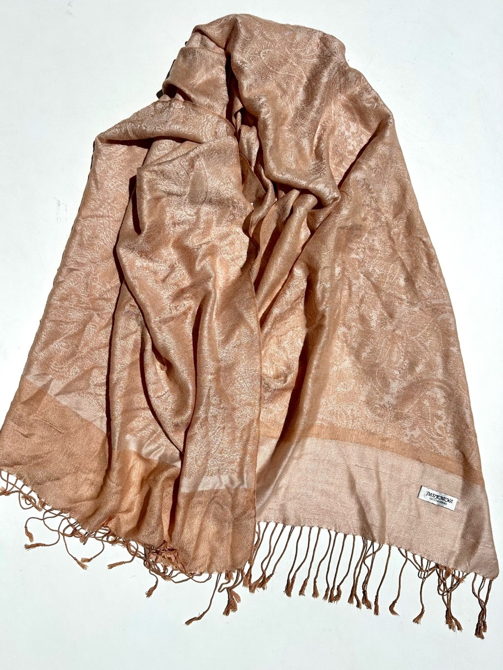 100% Pashmina Elegant Peach-Gold Paisley Shawl Scarf - Women Accessories 68”x27”